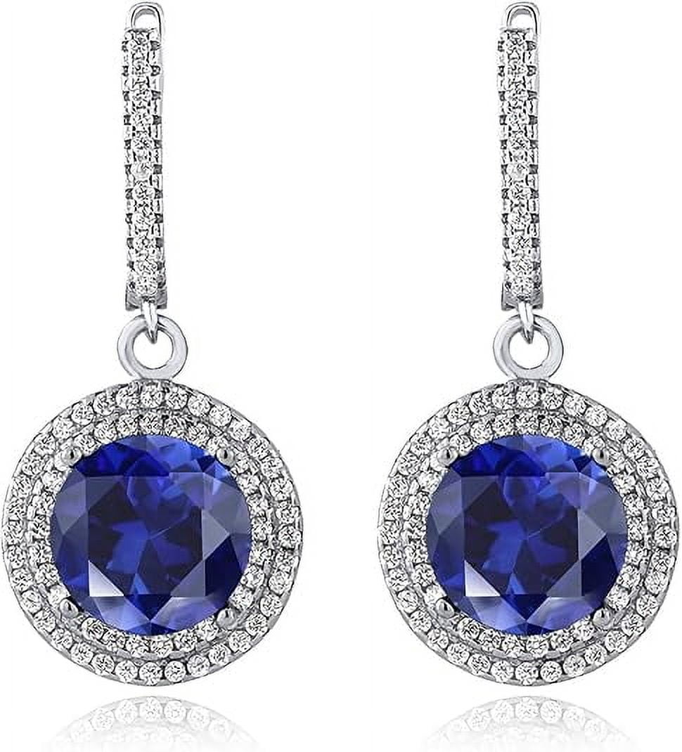 Divine Creation 925 Sterling Silver 2.20 Ct Round Cut Blue Sapphire & white Diamond Lever Back Drop Earring's 14K White Gold Plated For Women's