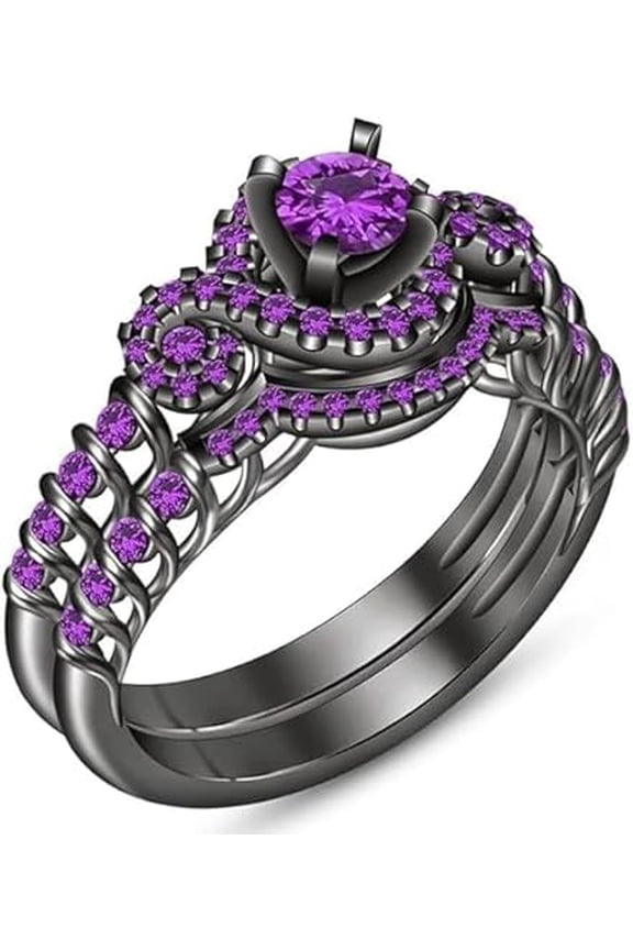 Divine Creation 925 Sterling Silver 2.20 Ct Round Cut Purple Amethyst Wedding Engagement Thanksgiving Christmas Bridal Ring Set 14K Black Gold Plated For Women's -7