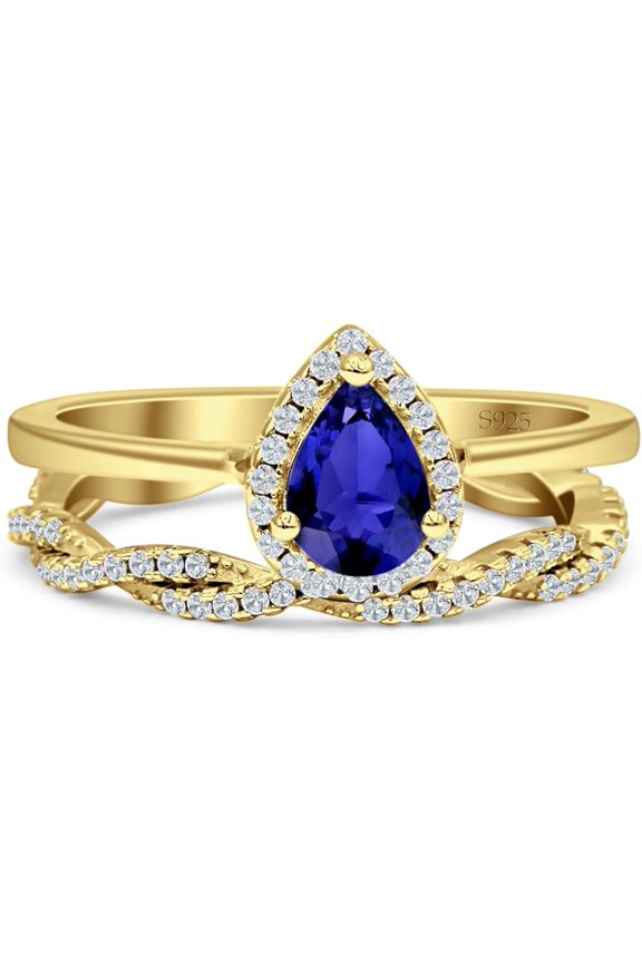 Divine Creation 925 Sterling Silver 2.35 Ct Pear Cut Blue Sapphire Wedding Christmas Thanksgiving Bridal Ring Set 14K Yellow Gold Plated For Women's -8