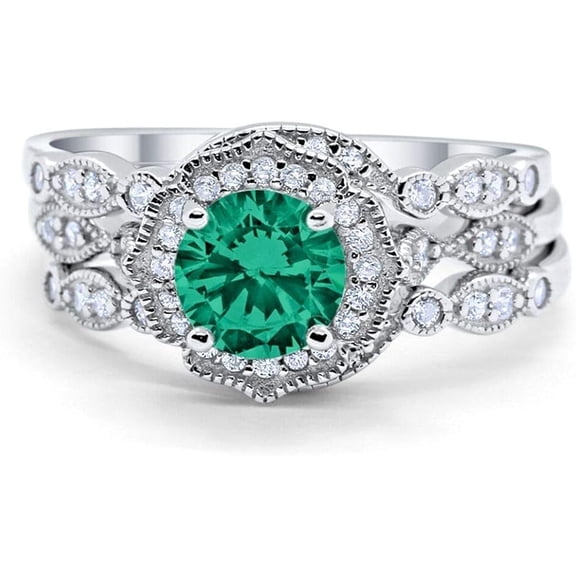 Divine Creation 925 Sterling Silver 2.45 Ct Round Cut Green Emerald Wedding Engagement Thanksgiving Christmas Bridal Ring Set 14K White Gold Plated For Women's -5.5