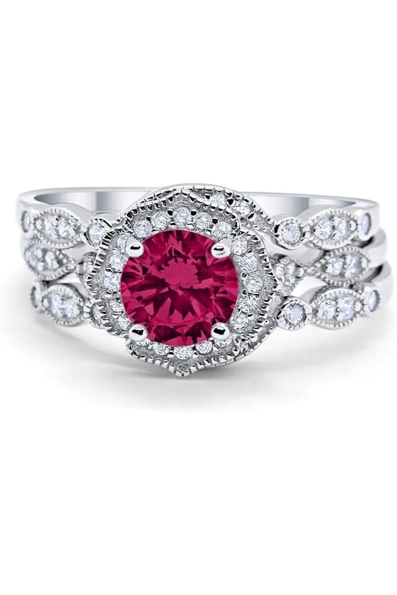 Divine Creation 925 Sterling Silver 2.45 Ct Round Cut Red Ruby Wedding Engagement Thanksgiving Christmas Bridal Ring Set 14K White Gold Plated For Women's -6