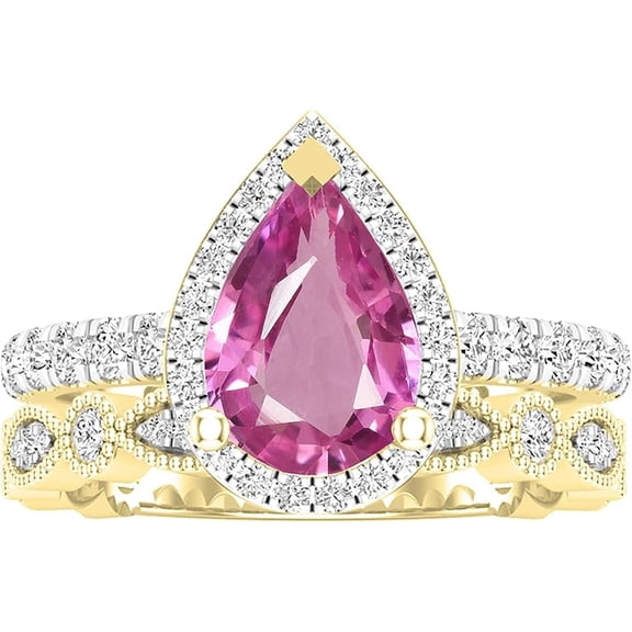 Divine Creation 925 Sterling Silver 2.50 Ct Pear Cut Pink Sapphire Christmas Thanksgiving Wedding Bridal Ring Set 14K Yellow Gold Plated For Women's -9