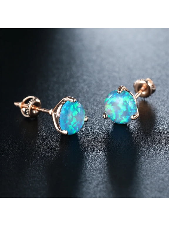 Divine Creation 925 Sterling Silver 2 Ct Round Cut Blue Fire Opal Screw Back Stud Earring's 14K Rose Gold Plated For Women's