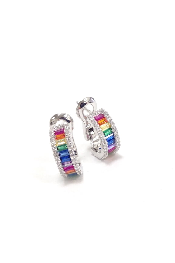 Divine Creation 925 Sterling Silver 2Ct Baguette Cut Multi Sapphire Omega Back Hoop Earrings 14K White Gold Plated For Women's