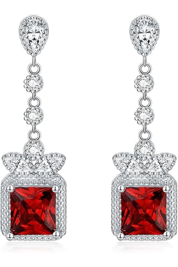 Divine Creation 925 Sterling Silver 2Ct Princes Cut Red Garnet Drop Dangle Earrings For Women's 14K White Gold Plated