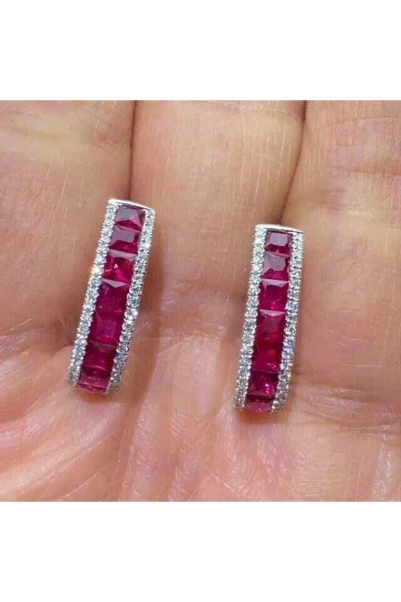 Divine Creation 925 Sterling Silver 2Ct Princess Cut Red Ruby Clip On Back Hoop Earrings 14K White Gold Plated For Women's