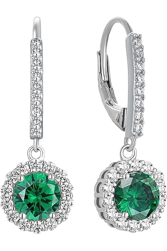 Divine Creation 925 Sterling Silver 2Ct Round Cut Green Emerald Drop Dangle Earrings For Women's 14K White Gold Plated