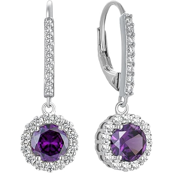 Divine Creation 925 Sterling Silver 2Ct Round Cut Purple Amethyst Drop Dangle Earrings For Women's 14K White Gold Plated