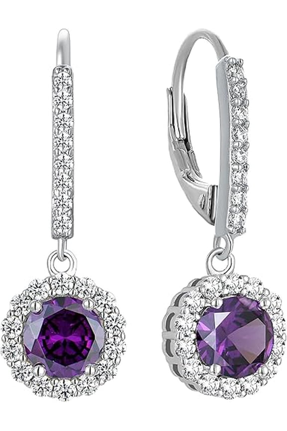 Divine Creation 925 Sterling Silver 2Ct Round Cut Purple Amethyst Drop Dangle Earrings For Women's 14K White Gold Plated