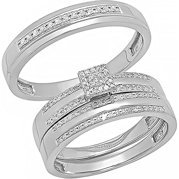 Divine Creation Unisex 14K White Gold Plated 1.70 Ct Round Cut White Diamond Wedding Engagement Trio Ring Set 925 Sterling Silver For Men's & Women's -8.5