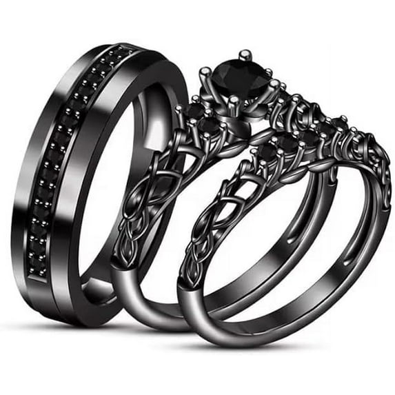 Divine Creation Unisex 925 Sterling Silver 2.25 Ct Round Cut Black Diamond Wedding Engagement Trio Ring Set 14K Black Gold Plated For Men's & Women's -7