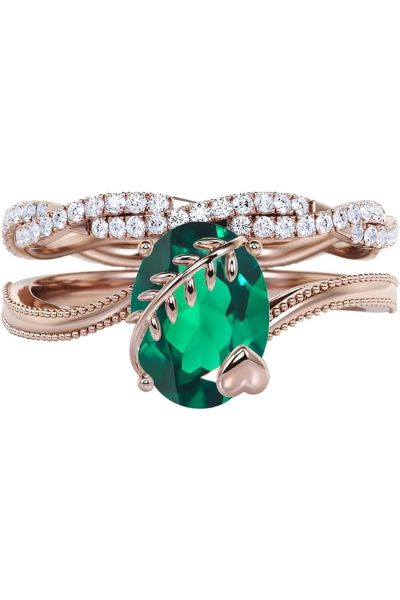 Divine Creation Women's 2.15 Ct Oval Cut Green Emerald Christmas Thanksgiving Engagement Bridal Ring Set 14K Rose Gold Plated 925 Sterling Silver -10