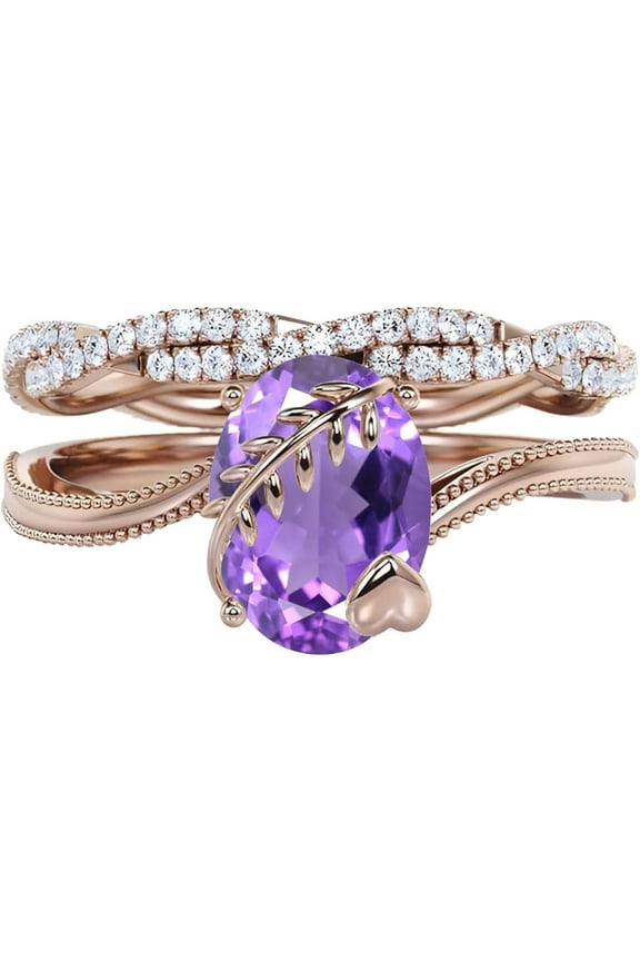 Divine Creation Women's 2.15 Ct Oval Cut Purple Amethyst Christmas Thanksgiving Engagement Bridal Ring Set 14K Rose Gold Plated 925 Sterling Silver -5