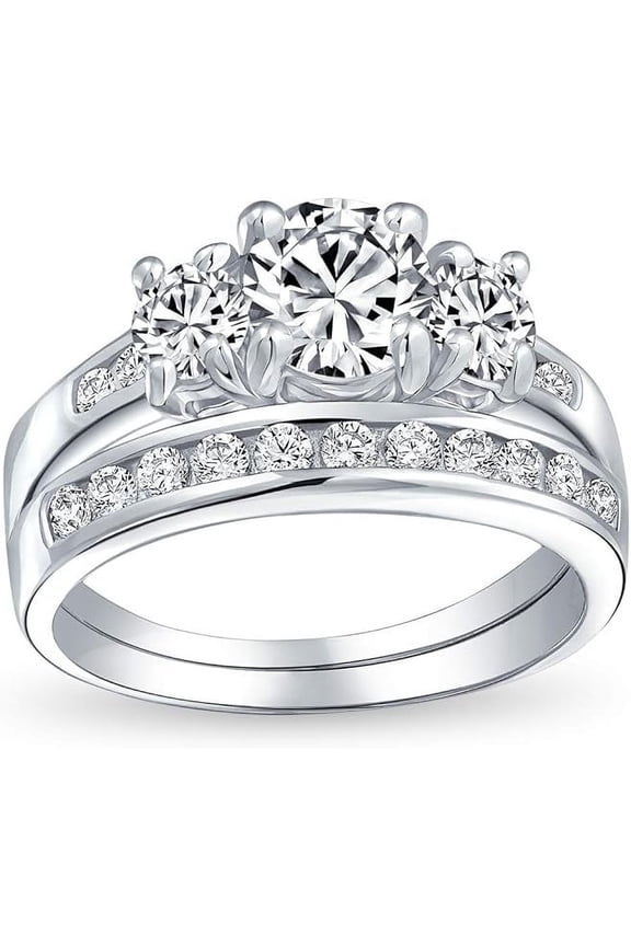 Divine Creation Women's 2.50 Ct Round Cut White Diamond Engagement Three Stone Thanksgiving Christmas Bridal Ring Set 14K White Gold Plated 925 Sterling Silver -6