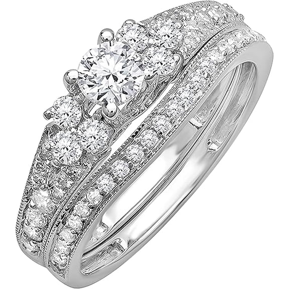 Divine Creation Women's 2.55 Ct Round Cut White Diamond Engagement Wedding Thanksgiving Christmas Bridal Ring Set 14K White Gold Plated 925 Sterling Silver -6.5