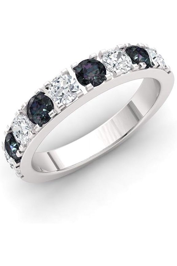 Divine Creation Women's 925 Sterling Silver 1.50 Ct Round Cut Blue Sapphire & Diamond Wedding Engagement Half Band Ring 14K White Gold Plated -6.5