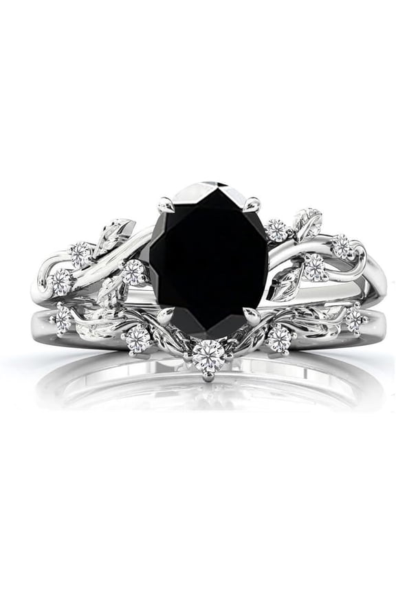 Divine Creation Women's 925 Sterling Silver 2.25 Ct Oval Cut Black Diamond Christmas Thanksgiving Engagement Bridal Ring Set 14K White Gold Plated -9.5