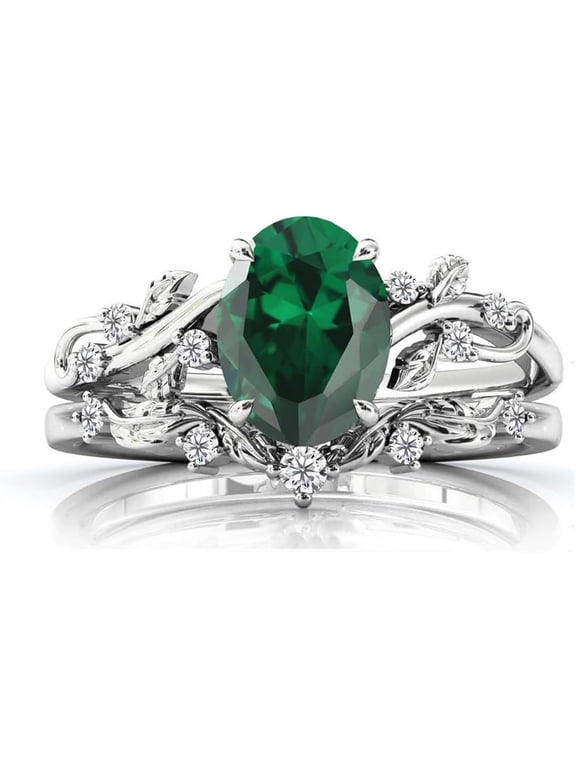 Divine Creation Women's 925 Sterling Silver 2.25 Ct Oval Cut Green Emerald Christmas Thanksgiving Engagement Bridal Ring Set 14K White Gold Plated -10