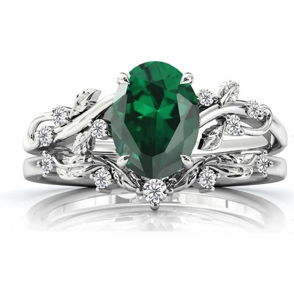 Divine Creation Women's 925 Sterling Silver 2.25 Ct Oval Cut Green Emerald Christmas Thanksgiving Engagement Bridal Ring Set 14K White Gold Plated -4.5