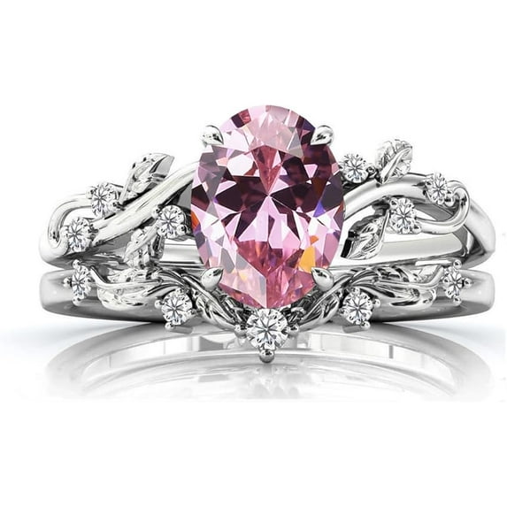 Divine Creation Women's 925 Sterling Silver 2.25 Ct Oval Cut Pink Sapphire Christmas Thanksgiving Engagement Bridal Ring Set 14K White Gold Plated -6
