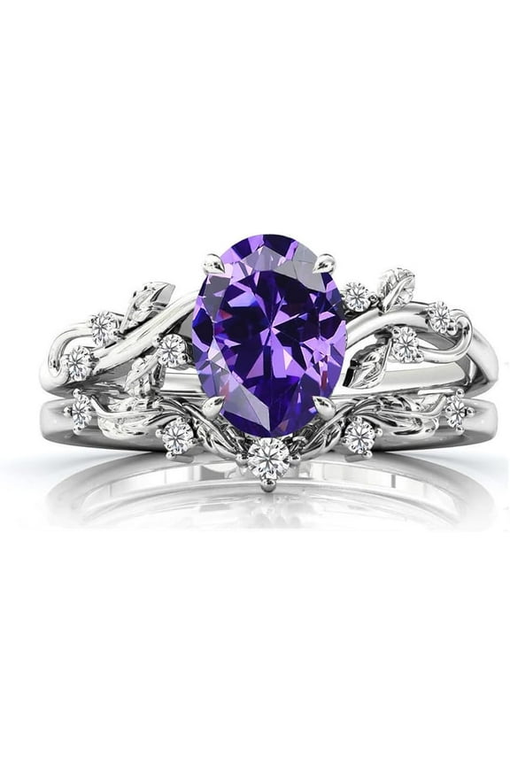 Divine Creation Women's 925 Sterling Silver 2.25 Ct Oval Cut Purple Amethyst Christmas Thanksgiving Engagement Bridal Ring Set 14K White Gold Plated -4.5