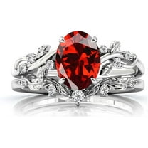 Divine Creation Women's 925 Sterling Silver 2.25 Ct Oval Cut Red Garnet Christmas Thanksgiving Engagement Bridal Ring Set 14K White Gold Plated -5