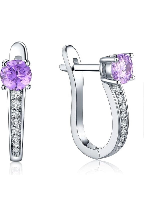Divine Creation1.50 Ct Round Cut Amethyst & Diamond Hoop Earrings For Women's 14K White Gold Plated 925 Sterling Silver