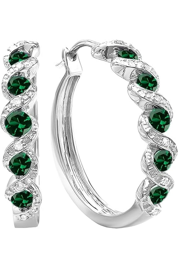 Divine Creation925 Sterling Silver 1.50 Ct Round Cut Emerald Hoop Earrings For Women's 14K White Gold Plated