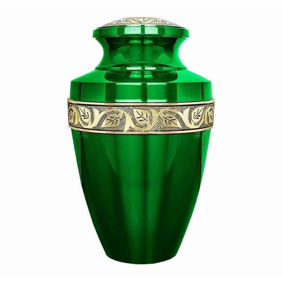 Divine Elegance Gold Meena Cremation Urn 6.5 x 6.5 x 10.5 Hand-Engraved Aluminum Memorial with Sacred Motifs