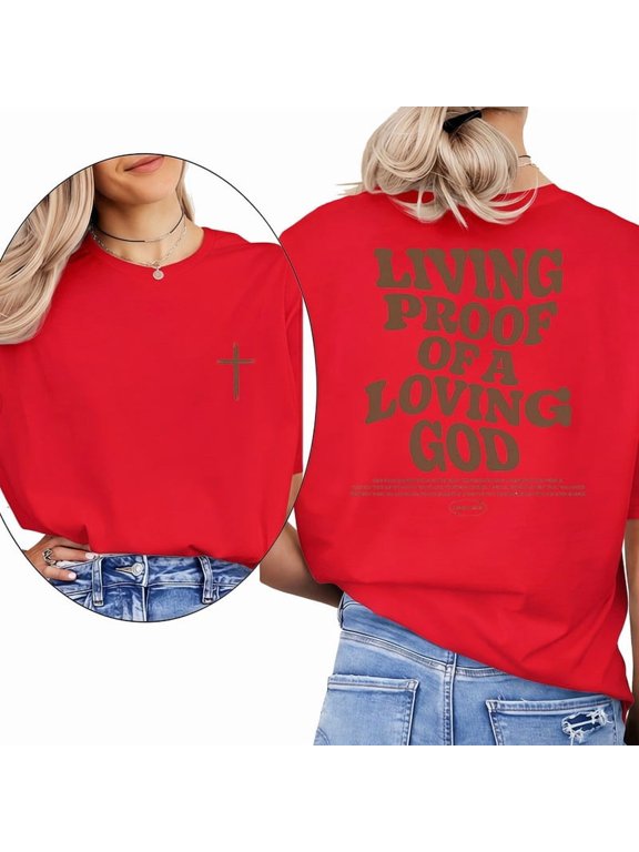 Divine Evidence Living Proof of a Loving God Print Tshirt 1 John 4:9-10 Bible Verse Graphic Tees Casual Short Sleeve Tops for Daily Outfits