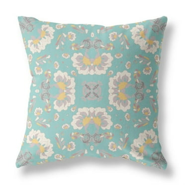 Divine Flowers Indoor/Outdoor Fabric Pillow with Zip in Blue Green 16x16