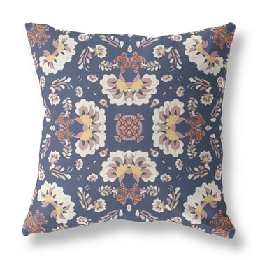 Divine Flowers Indoor/Outdoor Fabric Pillow with Zip in Blue White 16x16