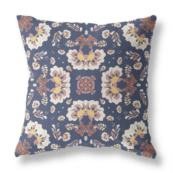 Divine Flowers Indoor/Outdoor Fabric Pillow with Zip in Blue White 18x18