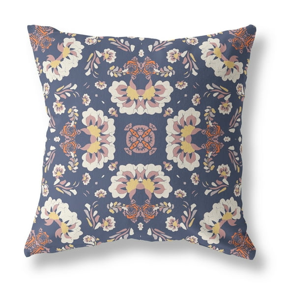 Divine Flowers Faux Suede Fabric Throw Pillow in Blue and White 16x16