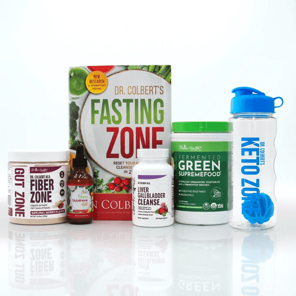 Divine Health Dr. Colbert MD Detox Starter Pack Green Supremefood | Fiber Zone (Berry) | Liver Gallbladder Cleanse | Nano Glutathione Drops | Fasting Zone Book | Shaker Bottle
