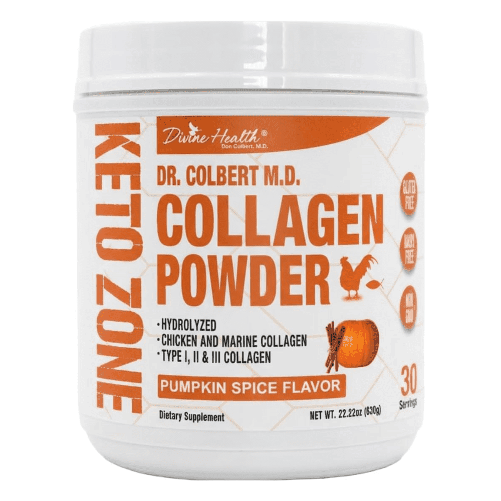Dr. Colbert MD Hydrolyzed Collagen Powder | Pumpkin Spice | Divine Health | Type I, II, III Chicken & Marine | Hair, Skin & Nails | Recommended in Keto Zone | 630g | 30 Servings