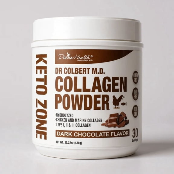 Dr. Colbert, MD Hydrolyzed Collagen Powder | Chocolate Flavor | by Divine Health | Type I, II, III Chicken & Marine Collagen | Keto Zone | Support Hair, Skin, Nails & Joints | 630g | 30 Servings