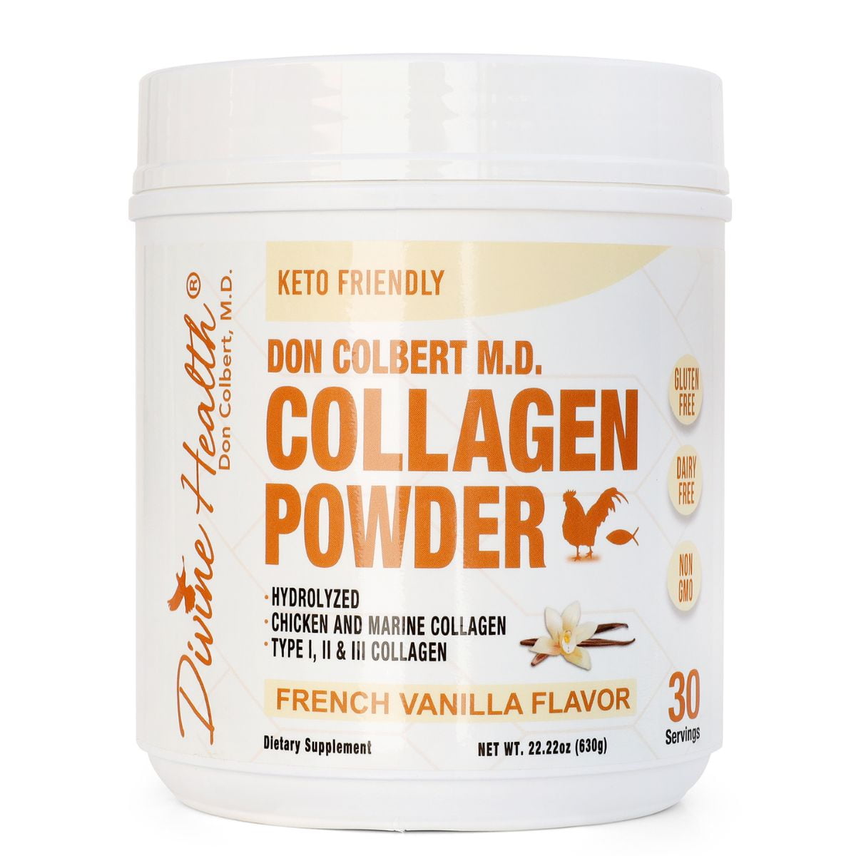 Divine Health Dr. Colbert MD Hydrolyzed Collagen Powder | Vanilla Flavor | Type I, II, III Chicken & Marine Collagen Peptides | Recommended in Keto Zone Diet Book Hair, Skin and Nails