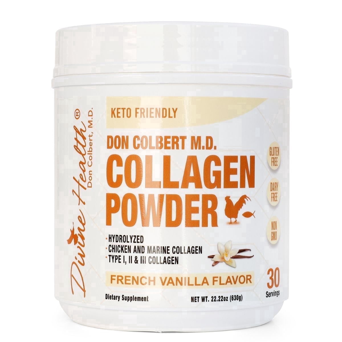 Polvo de Colágeno Hidrolizado Dr. Colbert, MD | Sabor Vainilla | por Divine Health | Péptidos de Colágeno Tipo I, II, III de Pollo y Marino | Apoya Cabello, Piel, Uñas y Articulaciones | 630g | 30 Porciones
