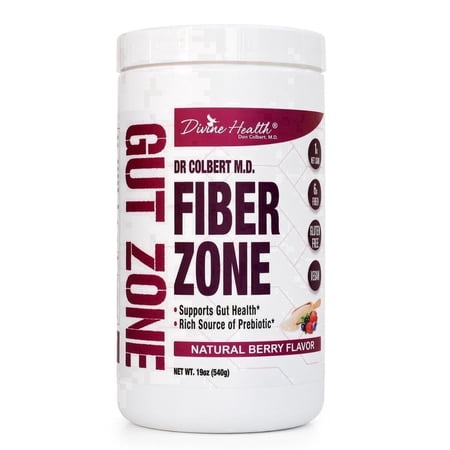 Dr. Colbert, MD Fiber Zone Powder | Berry Flavor | by Divine Health | Prebiotics | 6g Soluble & Insoluble Fiber | Psyllium Husk & Inulin | Recommended in Keto Zone Diet & Gut Zone | 19oz | 60 Serving