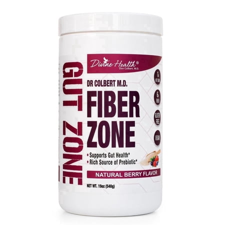 Dr. Colbert, MD Fiber Zone Powder | Berry Flavor | by Divine Health | Prebiotics | 6g Soluble & Insoluble Fiber | Psyllium Husk & Inulin | Recommended in Keto Zone Diet & Gut Zone | 19oz | 60 Serving