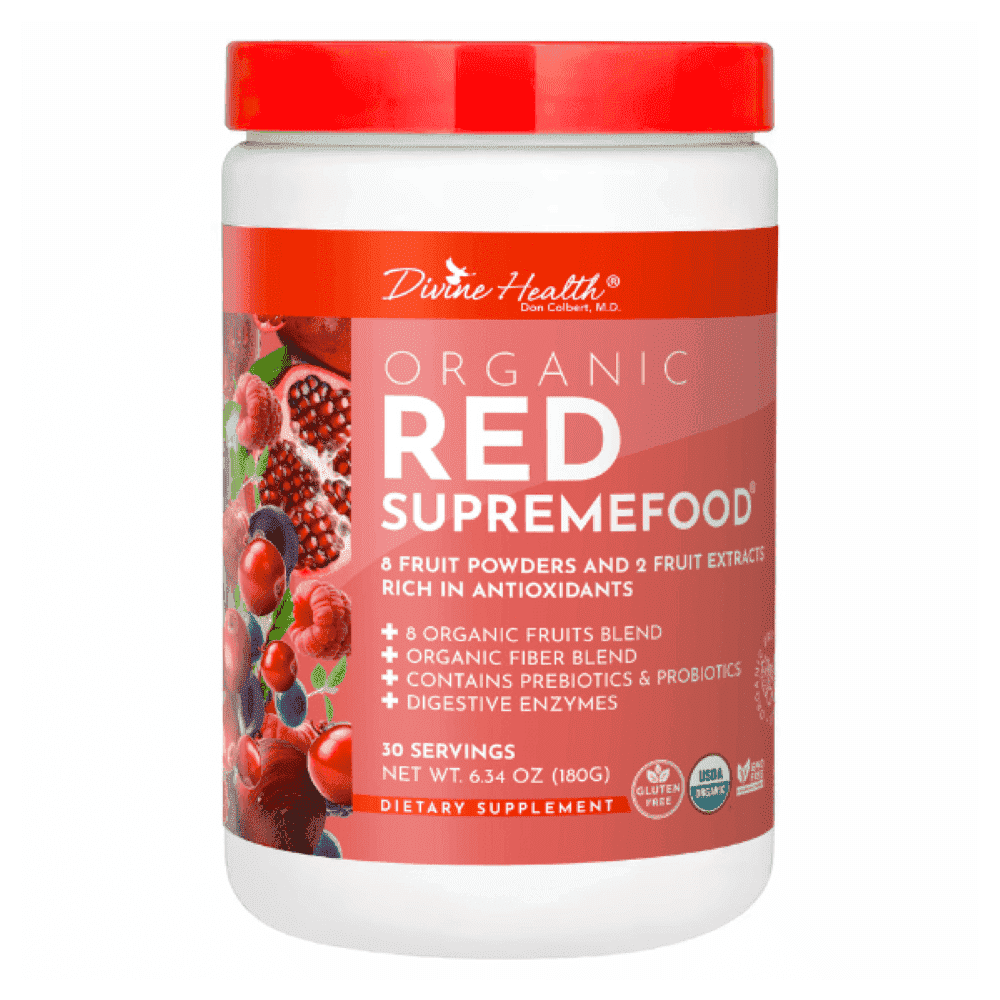 Dr. Colbert, MD Organic Red Supremefood | Berry Flavored Blend | by Divine Health | 10 Organic Fruits | Probiotics | Enzymes | Herbs | Fiber |  Antioxidants | Non-GMO | 30 Day Supply | 180g
