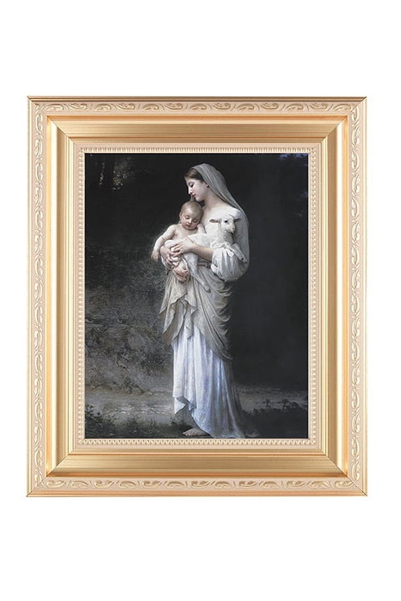 Divine Innocence Juan Picture Framed Wall Art Decor Large, Satin Gold Fluted Frame with Distressed Finish and Fine Detailed Scrollwork