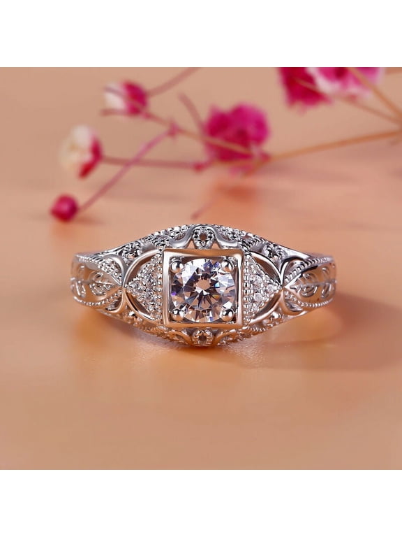 1.7 Ct VVS1 Round Cut Lab-Created Simulated Diamond Geometric Art Deco Engagement Band 14K White Gold Plated, Milgrain Ring