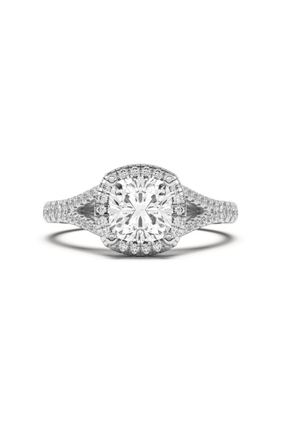 14K White Gold Plated Ring - 1.5 Ct Cushion Cut Lab Created Diamond Ring for Women - Split Shank Halo Engagement Wedding Ring - Lab Diamond Promise Ring - Perfect for Special Occasions