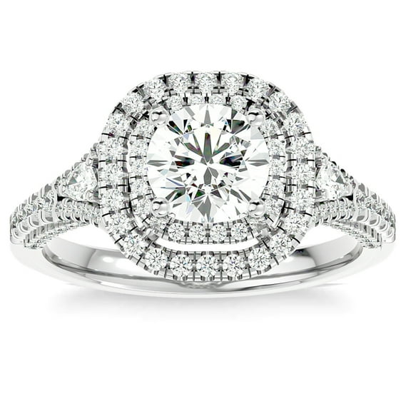 Divine Jewel 14K White Gold Plated Rings For Her - Round Cut 0.98 Ct Lab Created Simulated Diamond Rings - Simple Anniversary Gifts for Women's - Double Halo Wedding Anniversary Engagement Rings