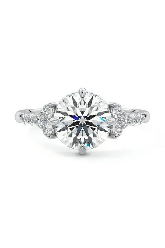 Stamped 14K Silver Ring - Brilliant 2.1 Ct Round Cut Lab Created Diamond Ring - Cluster Engagement Wedding Diamond Ring - 30th Anniversary Gifts - Forever Diamond Ring for Women