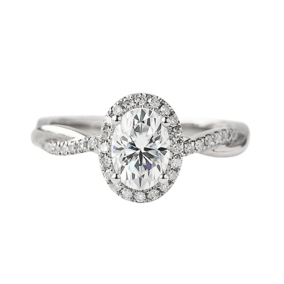Divine Jewelry 1.33 Ct Oval Cut Moissanite Engagement Ring - Pave Band Solitaire with Twisted Halo - 14K White Gold Plated Ring - Unique Gift for Her Birthday or Wedding