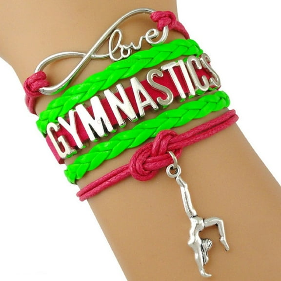Divine Kids Gymnastics Leather and Suede Charm Bracelet (Pink, Green)
