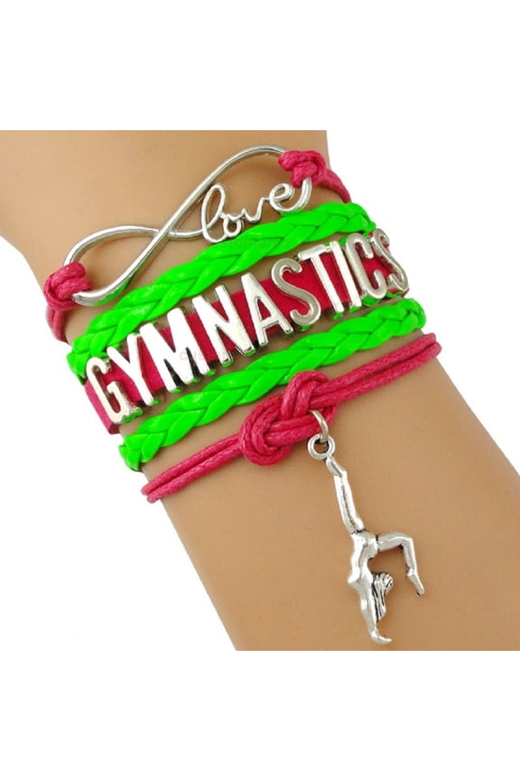 Gymnastics Leather and Suede Charm Bracelet (Pink, Green)